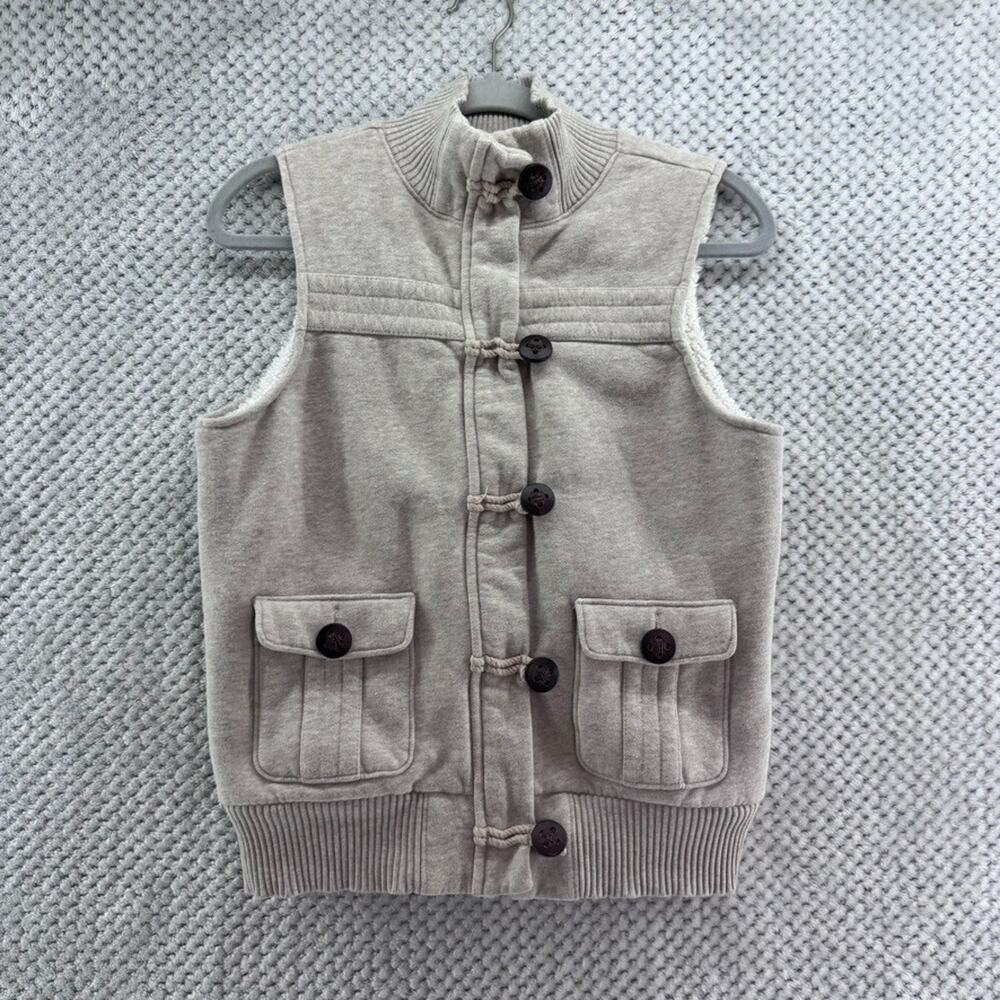 Old Navy Vest Womens M Beige Cotton Fleece Lining Y2K Toggle Buttons Zip Front